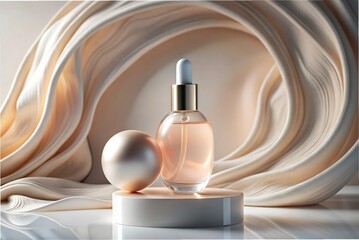 Naklejka premium Elegant serum bottle on a pedestal with beige background