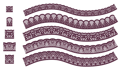 A set of five dark red lace trims with a single straight edge, arranged in a wavy formation
