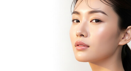 Naklejka premium Closeup portrait of a beautiful young asian woman with soft makeup and delicate facial adornment, isolated on white background
