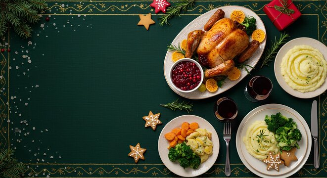 Christmas dinner with turkey and gingerbread, holiday feast flat-lay ai generation