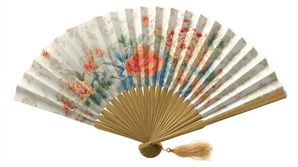 A hand-held, closed, ivory-colored folding fan with a delicate floral pattern in muted pinks, oranges, and blues, features a light beige background, light brown 