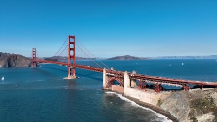 Golden Gate Bridge Aerial In San Francisco California United States. Birds Eye View Of Suspension...