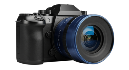 A black camera with a blue lens	
