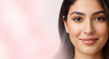 Naklejka premium A beautiful young woman with a radiant smile and flawless skin. Close-up beauty portrait on a soft pink background with copy space.