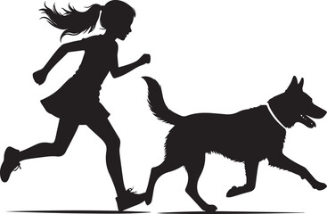 black dog and girl jogging vector, girl running with dog silhouette, girl running with dog vector illustration