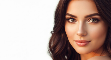 Naklejka premium Closeup portrait of a beautiful young woman with dark wavy hair, natural makeup, and a gentle smile, bathed in warm golden hour light