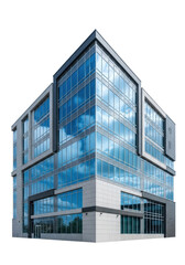 Obraz premium A modern multi-story building with blue-tinted reflective glass windows mirroring sky, matte light grey stone, and dark grey composite panels. Isolated against a pristine transparent background with