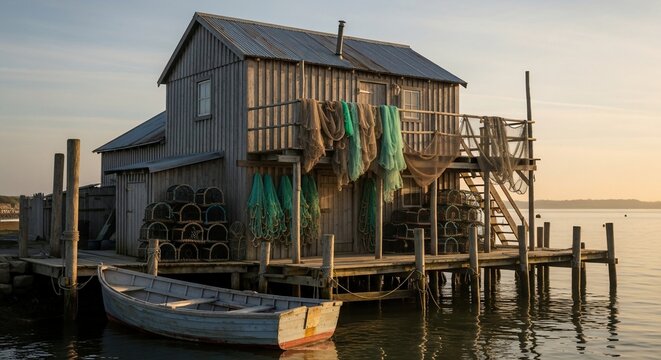 Fototapeta Rustic wooden fishing shack with nets and lobster pots on a pier at sunset