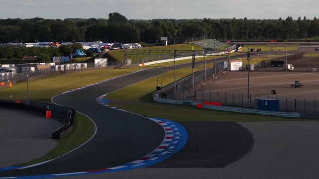 TT circuit Assen, The Netherlands. Motorcycle race track. Motorsports. Aerial video.
