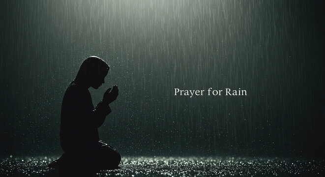 Jewish individual kneeling in prayer during the rain on a holy day