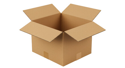 An open brown cardboard moving box with flaps extended isolated on transparent background