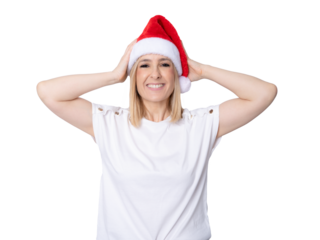 Happy caucasian woman wearing santa Claus hat over transparent background. PNG.
