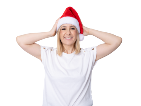 Happy caucasian woman wearing santa Claus hat over transparent background. PNG.