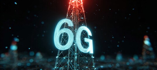 Futuristic cityscape with illuminated 6G communication network and high-speed internet connectivity.