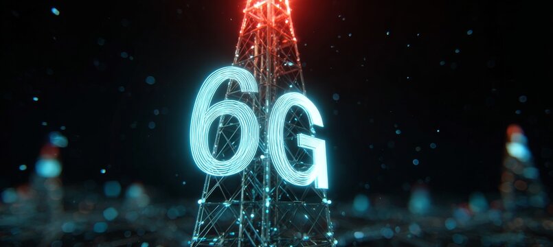 Futuristic cityscape with illuminated 6G communication network and high-speed internet connectivity.