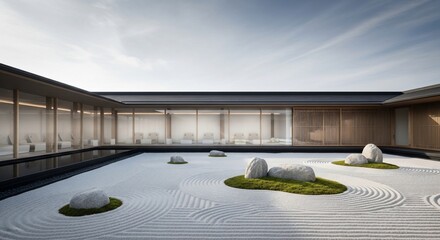 Serene Japanese Zen Garden with Raked Sand and Minimalist Architecture