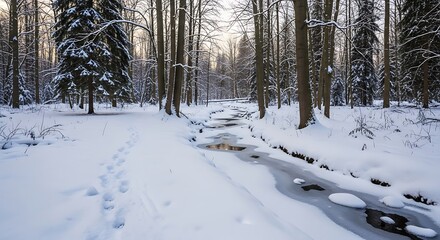 Fototapeta premium Tranquil winter wonderland scene of snow-covered forest and partially frozen stream