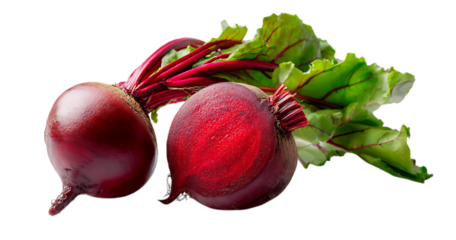 One half of a fresh beet with leaves and a whole red beet.