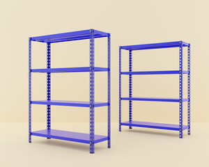 Metal shelves, industrial shelving 3D rendering