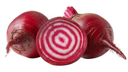 One half of a fresh beet and two whole red beets.
