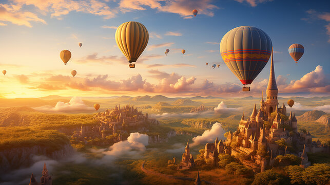 A breathtaking view of hot air balloons soaring over a picturesque landscape at sunrise, evoking a sense of adventure, freedom, and the beauty of travel and exploration in a dreamy, fantasylike scener