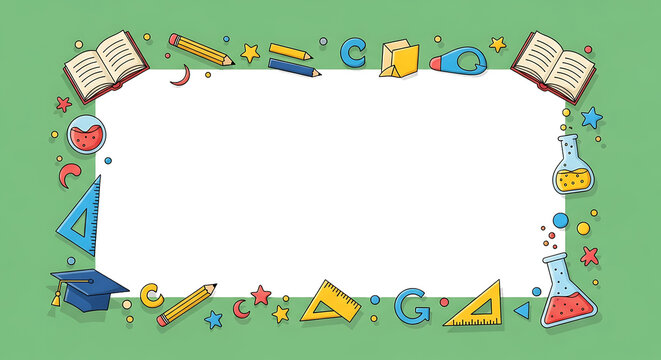 Vibrant cartoon school supplies border with educational elements and science equipment.