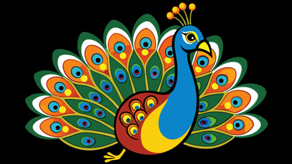 Obraz premium Bright and intricate vector illustration of a regal peacock displaying its vivid plumage, perfect for posters, prints, branding, or elegant design projects in black background vector illustration. 