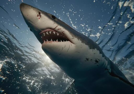 Great white shark leaping through ocean surface in dramatic sunlight splash
