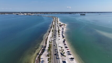 Obraz premium Causeway Boulevard In Clearwater Florida United States. Stunning Tropical Coastline Beach Scene Viewed From Above. Coast Clouds Seaside Summertime. Coast International Beach Panorama.