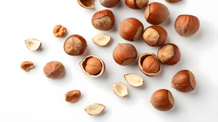 Fototapeta premium Top View of Raw Hazelnuts on White Background – Healthy Snack and Ingredient Concept