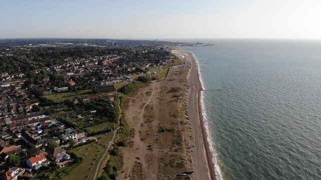 Flying over drone shot showing Lowestoft beach in Suffolk, UK. 21.06.25