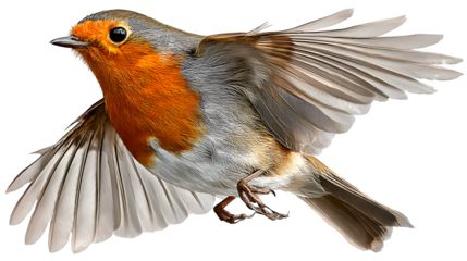 European robin bird in mid-flight, wings open, isolated on white