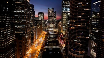 Sunset Chicago Skyline In Chicago Illinois United States. Highrise Building Dominating The Skyline Of The Downtown. Building Metropolitan Landscape Birds View Busy. Birds View Architecture Town.