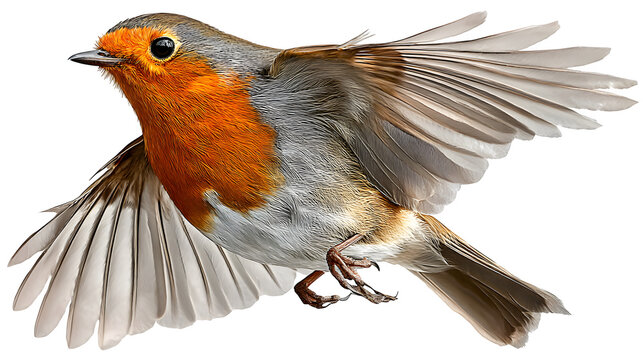 European robin bird in mid-flight, wings open, isolated on white