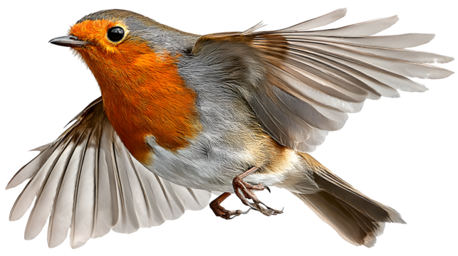 European robin bird in mid-flight, wings open, isolated on white