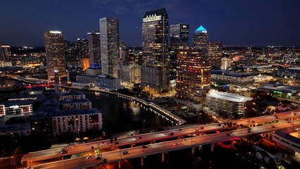 Downtown Tampa In Tampa Florida United States. Aerial View Of A Bustling Downtown Cityscape With Modern Buildings. Night Freeway Road Downtown Cityscape. Night Outdoors Downtown. Tampa Florida.