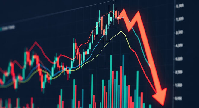 Stock market crash shown with candlestick chart and red arrow on screen, symbolizing financial downturn. Stock market crash implies market volatility, economic recession, or investor panic.