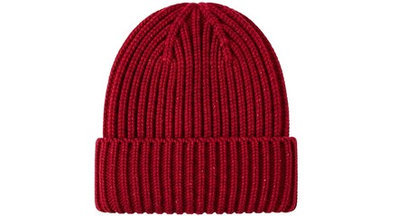 A vibrant red knitted beanie hat, adding a pop of color to winter outfits