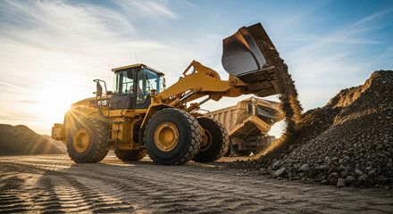 Yellow earthmover operating at construction site, performing earthmoving work. Earthmover works on a commercial construction project, moving dirt with its large bucket to a dump truck,