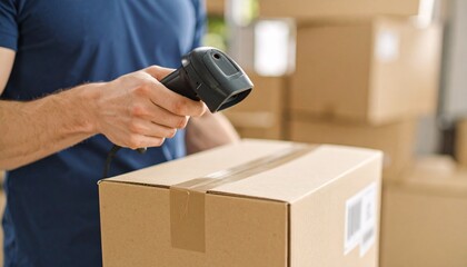 Dedicated worker scanning package with handheld device in warehouse, ensuring efficient logistics and delivery