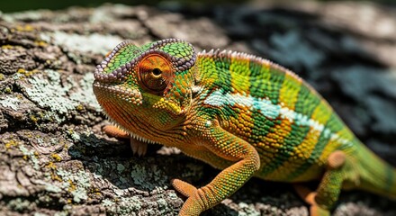 Obraz premium Vibrant Chameleon with Intricate Scales Perched on Textured Tree Bark