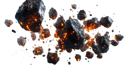 Fiery glowing particles and coal fragments in midair, isolated on white