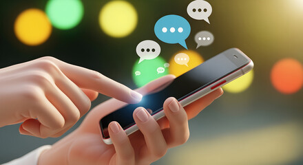 Woman Hands Holding Modern Smartphone With Floating Speech Bubbles Over Multi Colored Bokeh Background