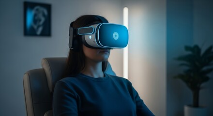 A calm and futuristic shot of a person using a sleek VR headset for virtual reality meditation.