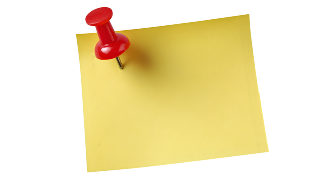 Yellow sticky note with red pushpin, isolated on white