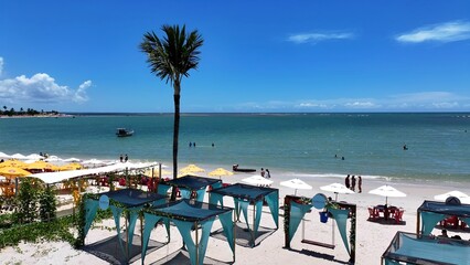 Beach Club In Santa Cruz Cabralia Bahia Brazil. Stunning Tropical Coastline Beach Scene Viewed From Above. Island Life Landscape Peaceful Beautiful. Island Life Watercolor Coast.