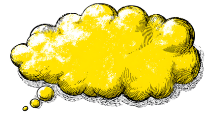 Yellow thought bubble with comic-style outline, isolated on white
