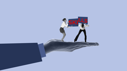 Minimalist pop art collage of two women balancing word SKILLS while standing on giant hand. Concept of education, online learning, HR support, empowerment, and talent development.