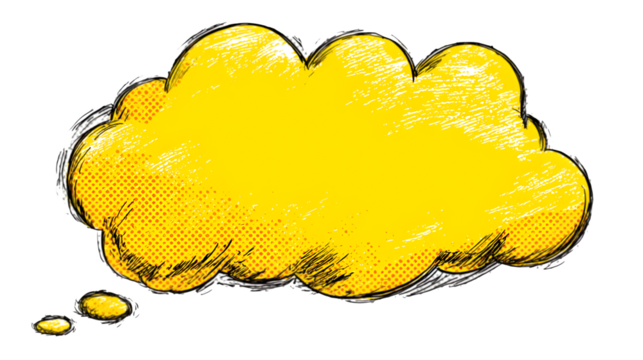 Yellow thought bubble with comic-style outline, isolated on white