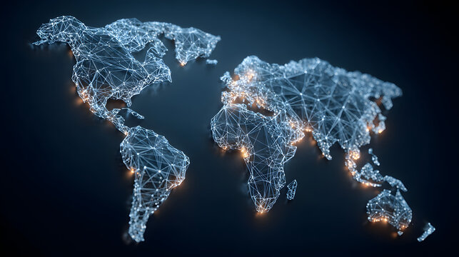 Polygon world map with blockchain technology peer to peer network on blue background. Network, p2p business, e-commerce, bitcoin trading and global cryptocurrency blockchain business banner concept.,